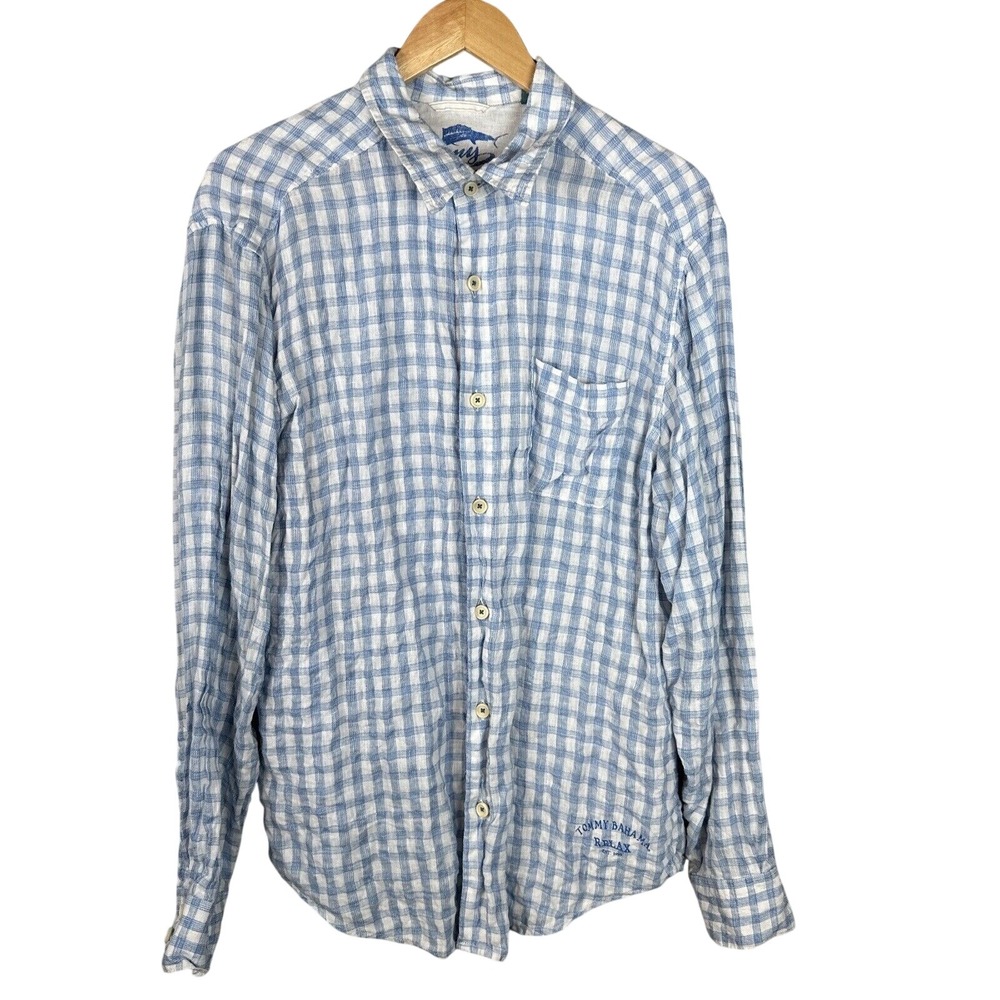 Tommy‎ Bahama 100% Linen Check Button Up Long Sleeve Shirt Size L Blue White